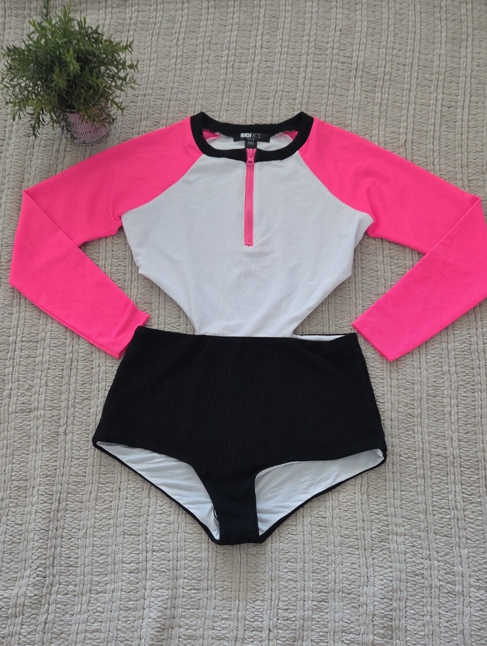 Beach Riot Pink White and Black Long-Sleeve One-Piece Swimsuit